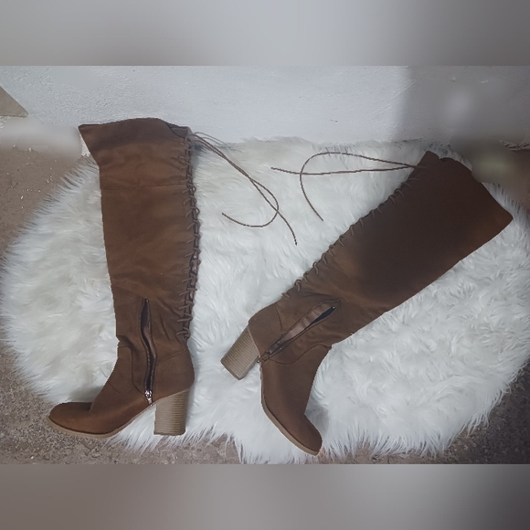 Soda Women tan cognac brown lace up high knee block heeled boots - Picture 4 of 15